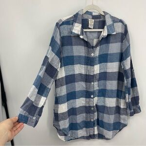 Match Point Crinckled Gauze Check Button Front Tunic blue White Top Sz M pintuck